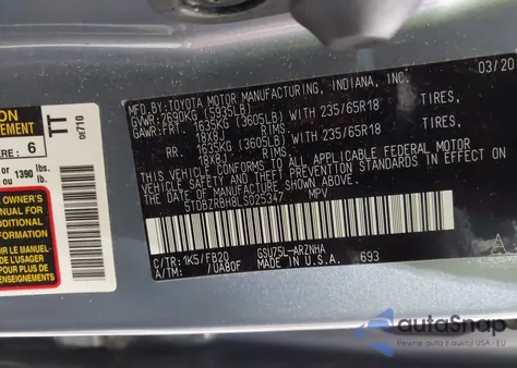 2020 Toyota Highlander Le from USA, damaged, VIN 5TDBZRBH8LS025347